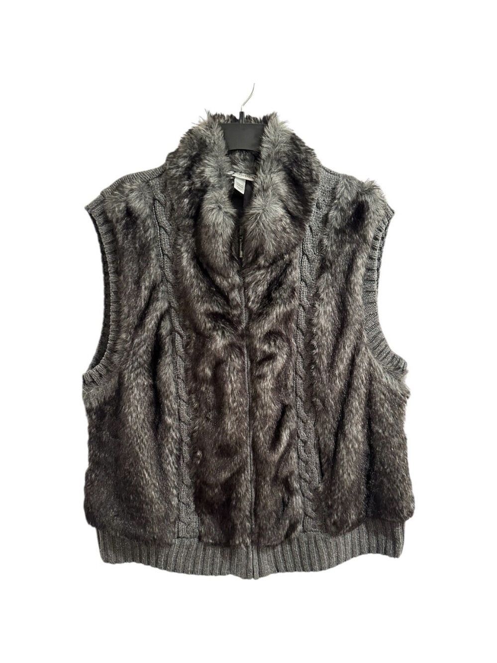 Dress Barn Faux Fur Cable Knit Vest Zip Front Women’s Sz 18 -20 Ski Heavyweight